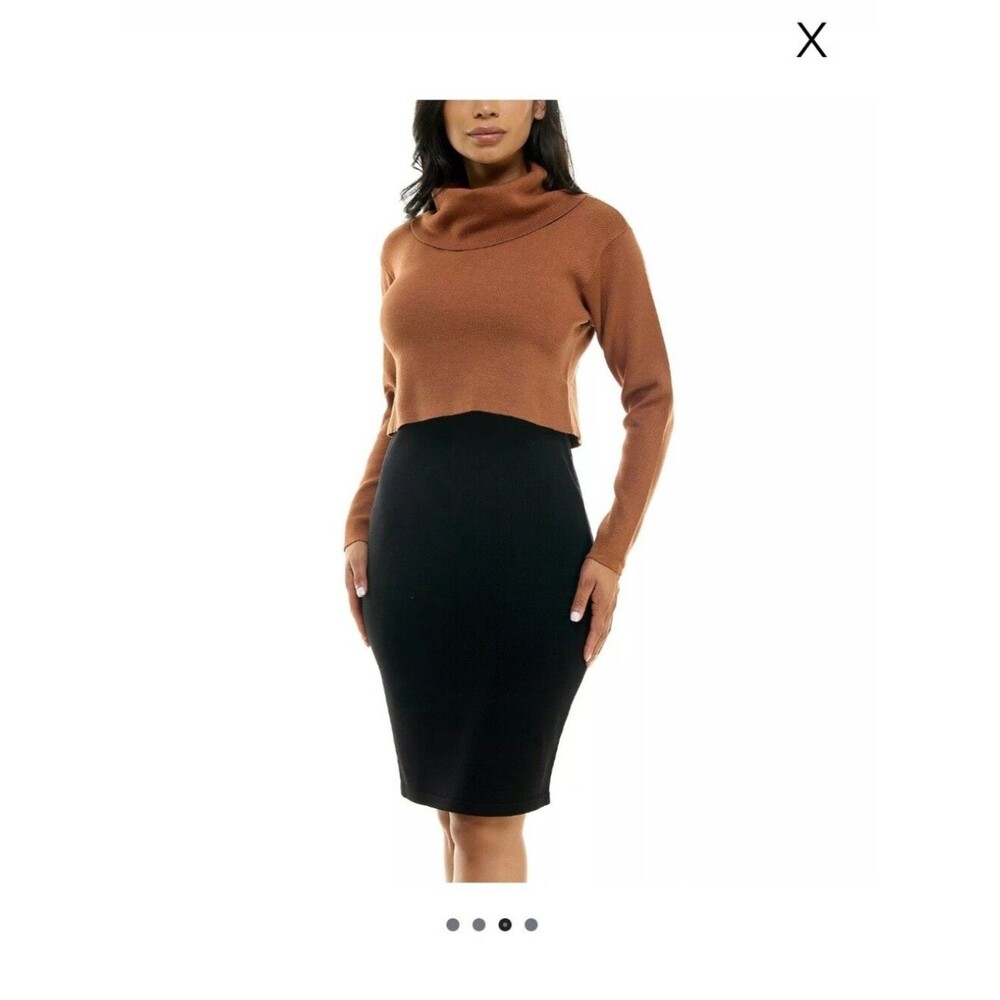 Nina Leonard Sweater Dress Cowl Neck Long Sleeve Copper Brown Black Old Money XL